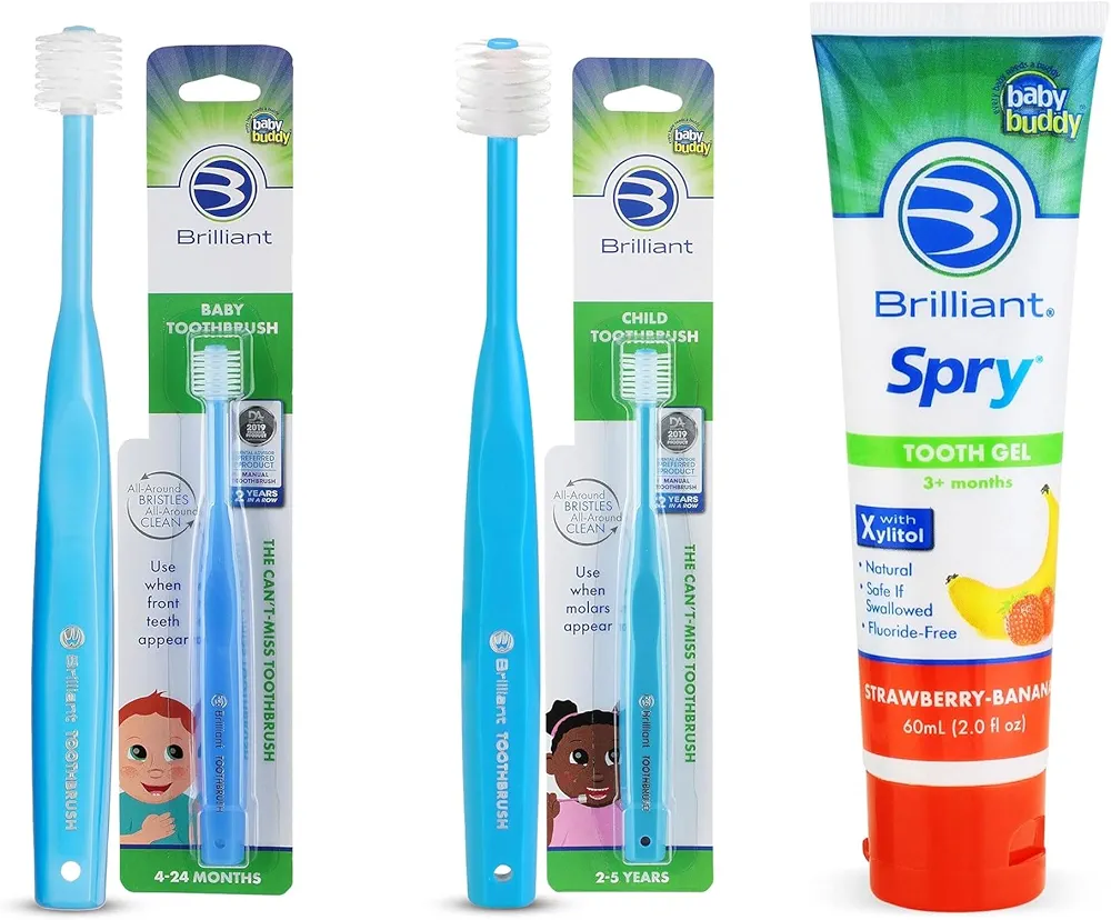 Brilliant Oral Care Bundle; Pack of 1 Baby Toothbrush, Child Toothbrush with Soft Bristles and Round Head & Pack of 1 Kids Fluoride Free Toothpaste, Spry Gel with Xylitol, Strawberry Banana Flavor