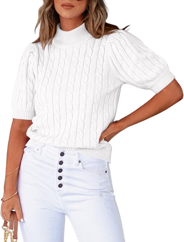 Women's Puff Short Sleeve Sweater Tops Turtleneck Cable Knit Pullover Sweaters