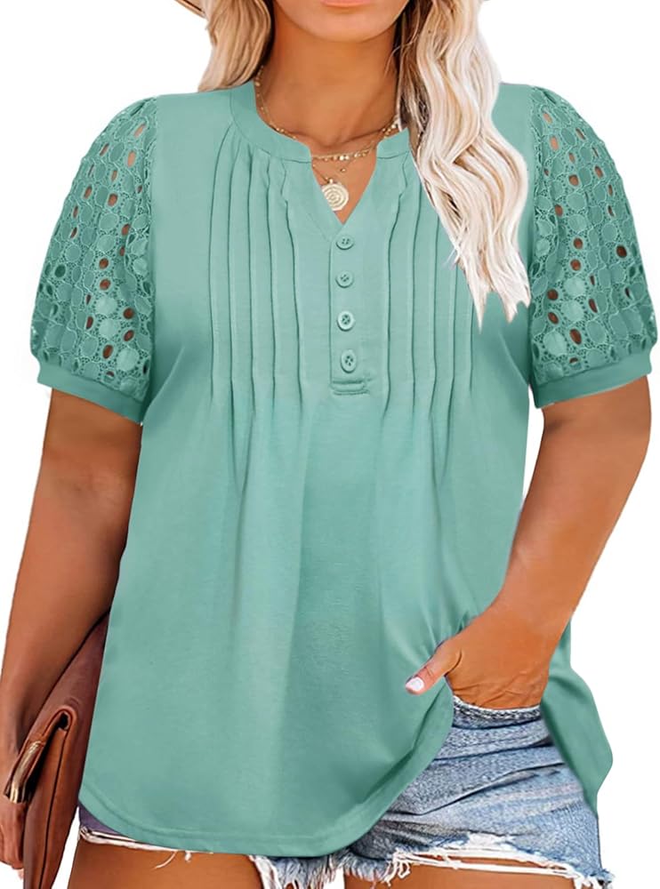 Imily Bela Women's Plus Size Henley T Shirt Summer Lace Sleeve Tees Casual Pleated Flowy Tunic Tops