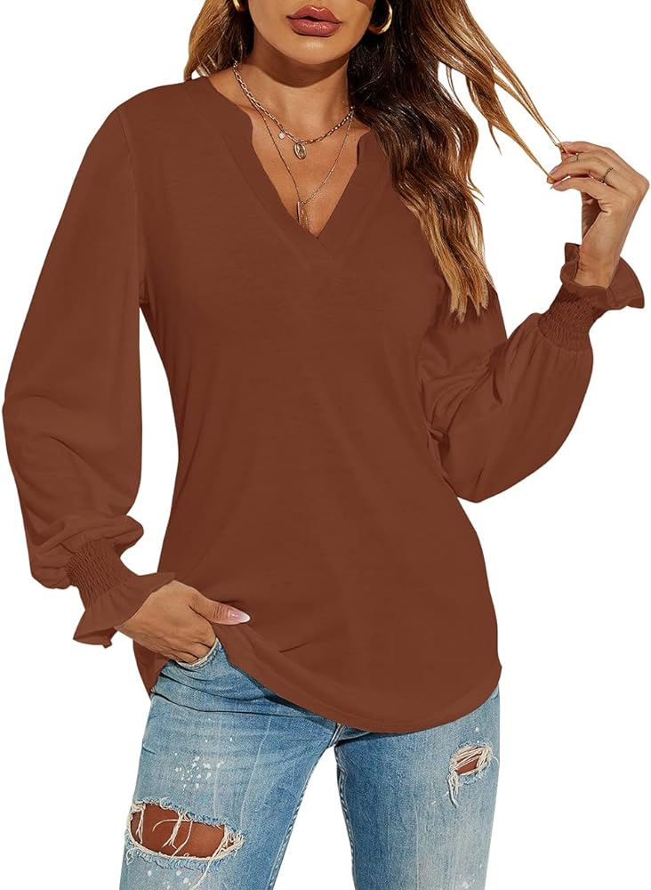 Romanstii Women's Casual V-Neck T-Shirts Loose Puff Long Sleeve Tops Tunic Blouses