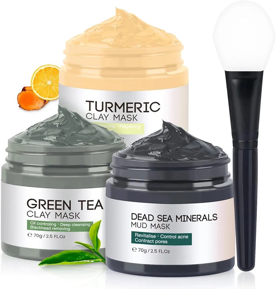 Turmeric Vitamin C Clay Face Mask, Dead Sea Mud Mask, Green Tea Clay Mask, Facial Skin Care Sets for Women&Men, Facial Mask for Oil Control, Deep Cleaning, Reduce Blackheads and Acne/2.5 OZ each