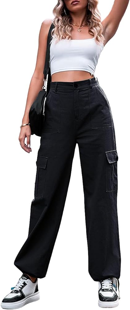 THWEI Womens Cargo Pants High Waisted Wide Leg Casual Pants Streetwear Trousers with 6 Pockets