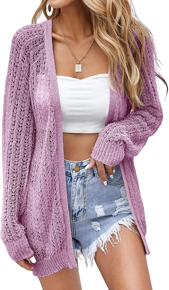 Women Crochet Lightweight Cardigan Cover Up Open Front Long Sleeve Summer Cardigans