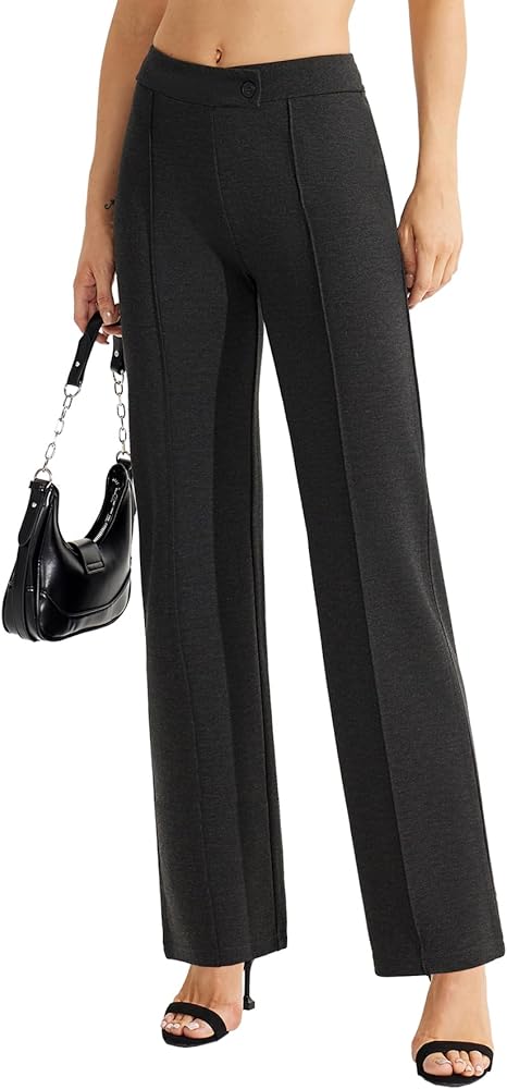 Women's High Waisted Dress Pants Cozy Knit Business Casual Pull On Wide Leg Trousers