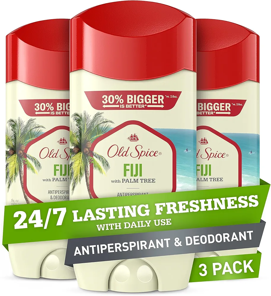 Old Spice Men's Antiperspirant & Deodorant, 24/7 Lasting Freshness, Advanced Sweat & Odor Protection with Skin Conditioners, Invisible Solid, Fiji with Palm Tree Scent, 3.4 oz (Pack of 3)