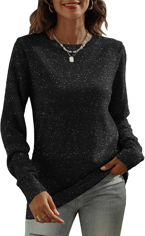 DUTUT Women's Long Sleeve Glitter Tops Crewneck Pullover Sweater Basic Casual Solid Color Tunic Tops Fall Soft Sweater