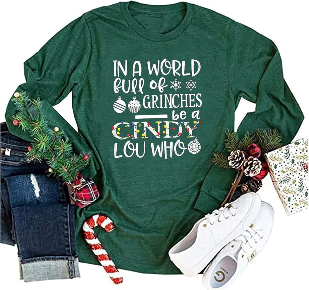 Winter V Neck Casual T Shirts for Women Christmas Funny Print Tee Tops Cindy Lou Who Tee Shirt Cute Blouse Tunic