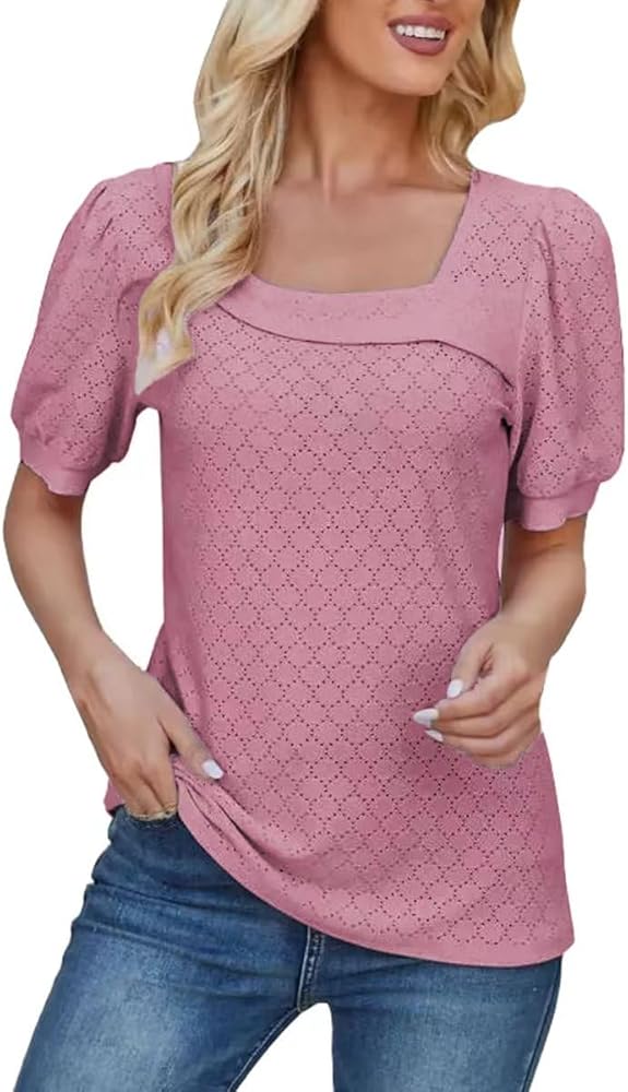 Womens Embroidery Eyelet Blouse T-Shirt Summer Short Sleeve Elegant Loose Fitted Tunic Top Tee Shirts