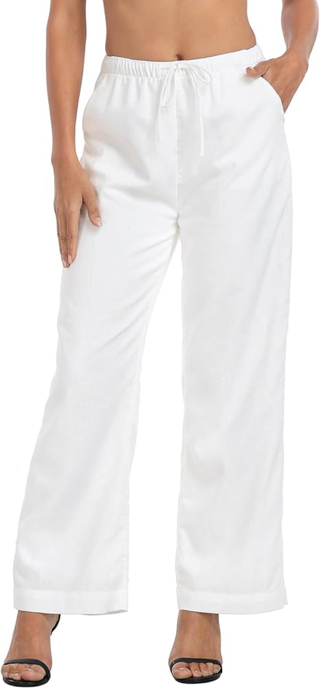 HDE Women's Linen Drawstring Pants Wide Leg Casual Palazzo Trouser with Pockets