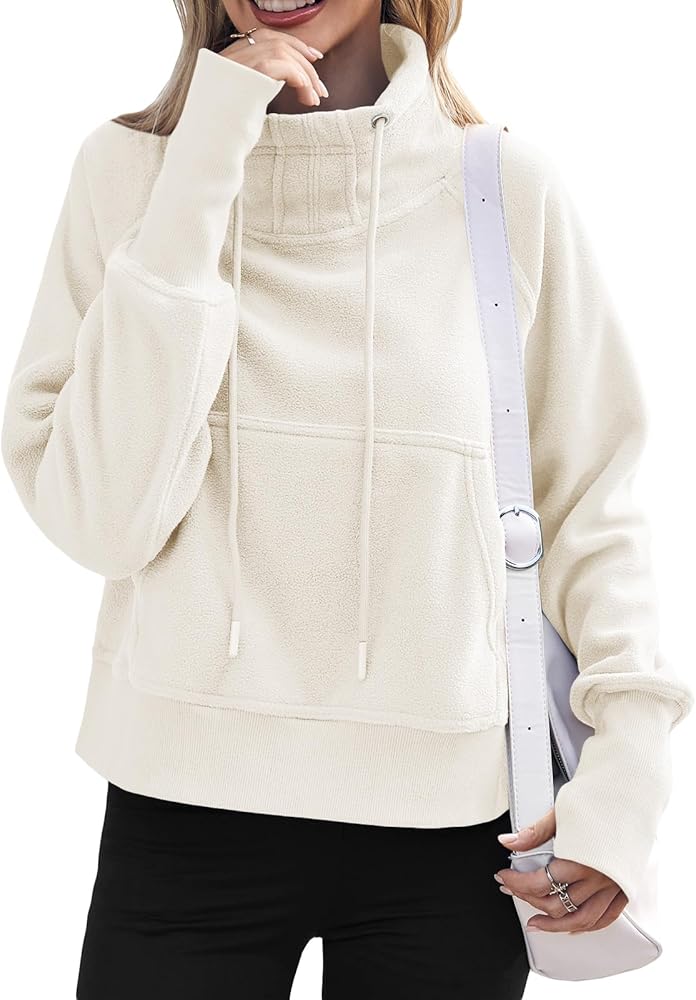 Fisoew Fleece Sweatshirts for Women Crop Fall Long Sleeve Turtle Neck Pullover Jacket Thumb Hole