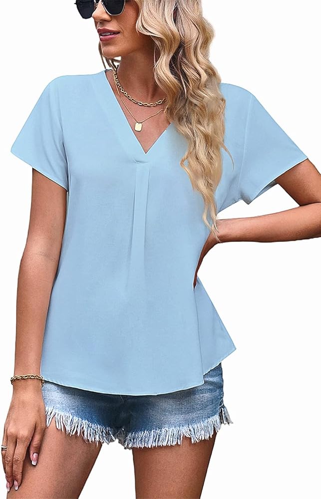 lime flare Women Dressy V Neck Business Casual Pleated Blouse Tshirt