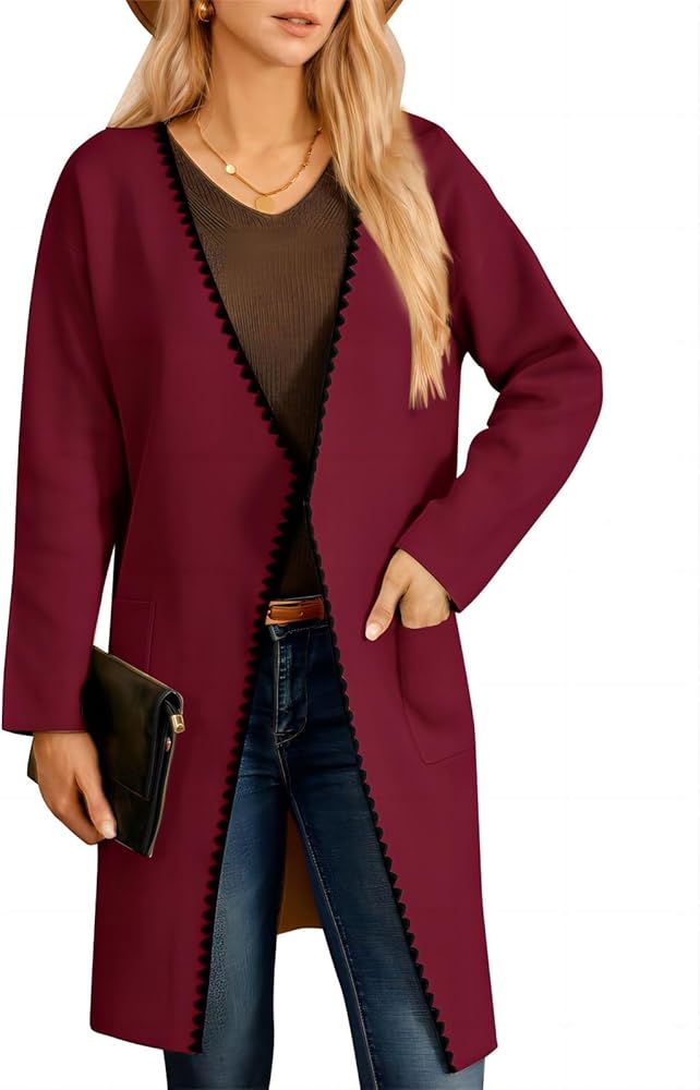 GRACE KARIN Women's Open Front Long Cardigan Sweater Lapel Knit Coatigan Coat Lightweight Fall Outerwear with Pockets