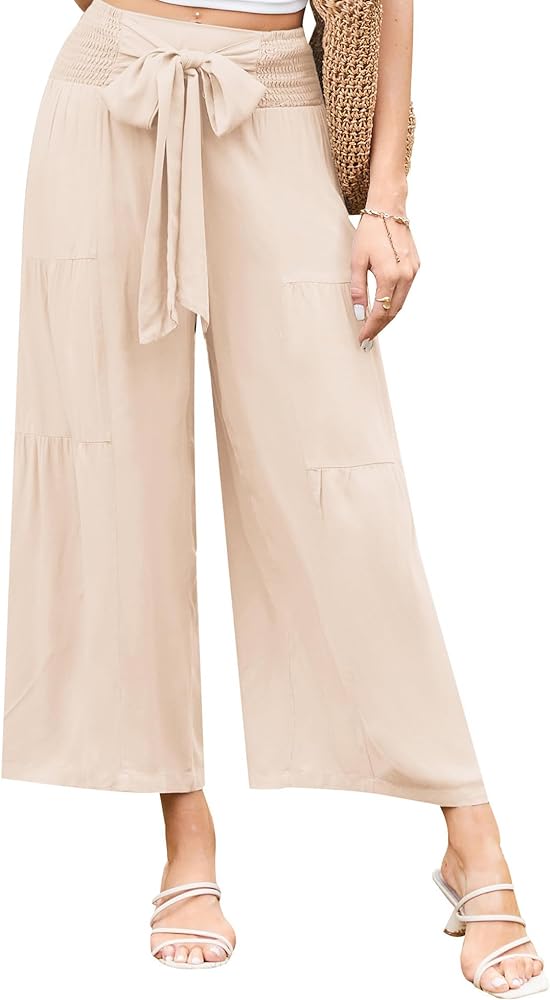 GRACE KARIN Palazzo Pants for Women Casual Elastic Waist Wide Leg Summer High Waisted Trousers Lounge Tie Knot Loose