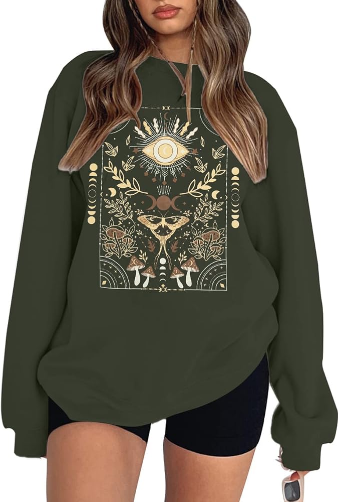 MYHALF Boho Witchy Sweatshirt Halloween Shirt: Womens Evil Eye Shirt Casual Tarot Shirt Religious Faith Pullover Fall Tops