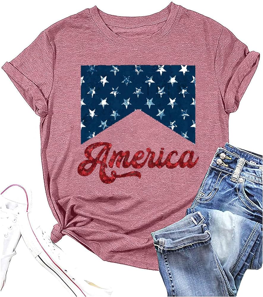 Red White and Blue America Shirt Women Vintage Distressed Graphic 4th of July Tshirt Casual Short Sleeve Patriotic Tops