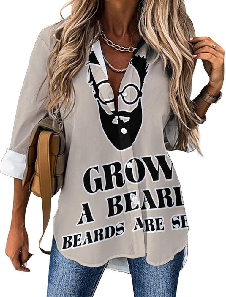 Grow A Beard Classic Shirts for Women Long Sleeve Blouse Casual V Neck Tee Tops Work Office