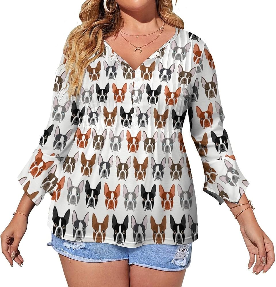 Bulldogs Head Cute Womens T-Shirts 3/4 Sleeve Button Down Tee Tops Blouse Summer Beach