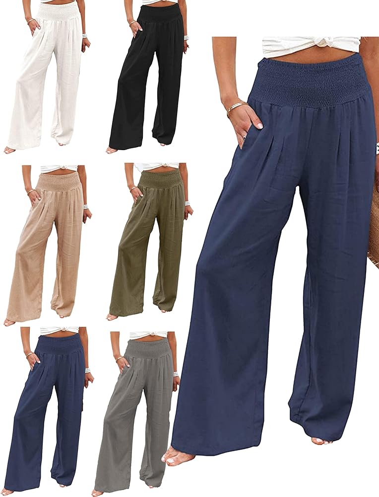 Womens Linen Palazzo Pants Elastic Smocked High Waist Wide Leg Palazzo Beach Lounge Pants Trousers with Pockets