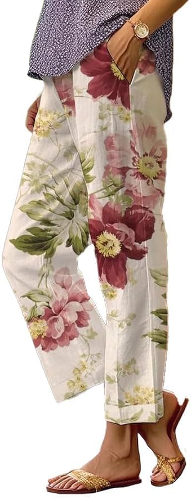 Akivide Women Casual Floral Print Linen Pant Summer Boho High Waist Straight Wide Leg Beach Lounge Capri Trouser with Pocket