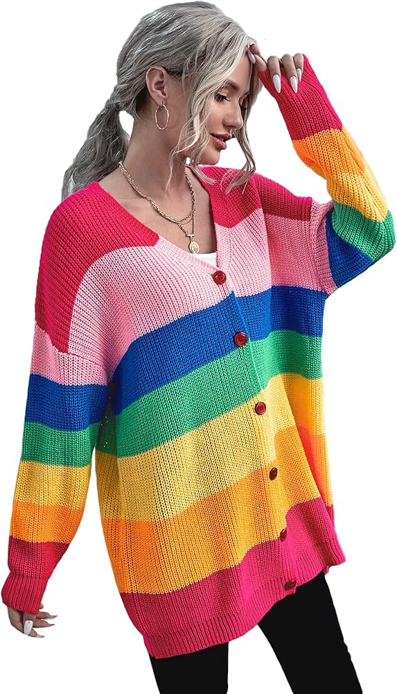 Floerns Women's Rainbow Striped Print Button Front Long Sleeve Cardigan Sweater