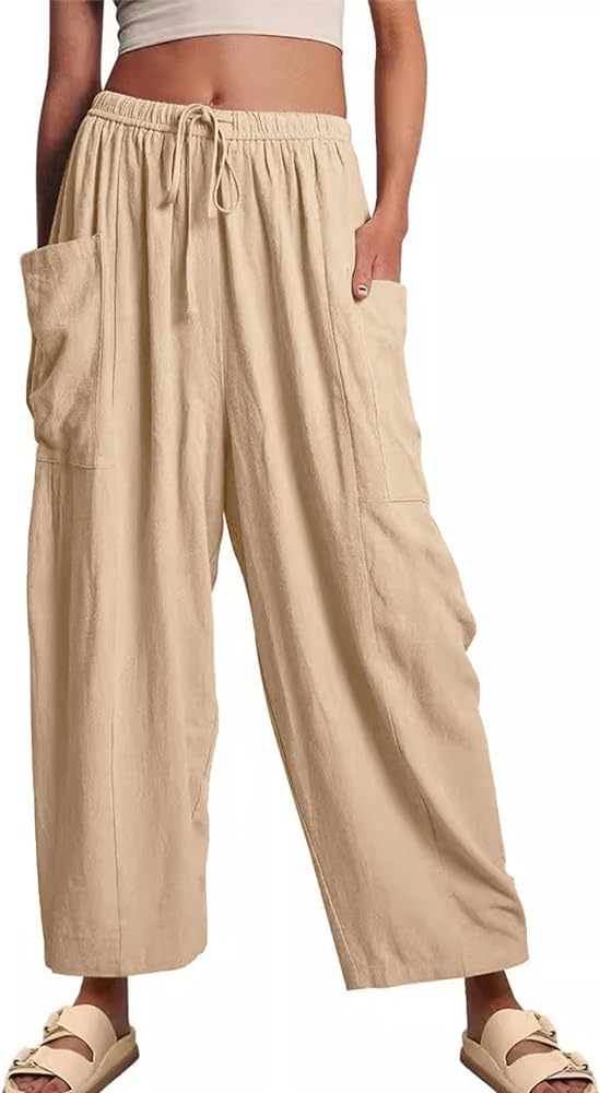 Flygo Women's Wide Leg Pants Summer Casual Loose Fit Beach Palazzo Harem Pants with Pockets(LightKhaki-XXL)