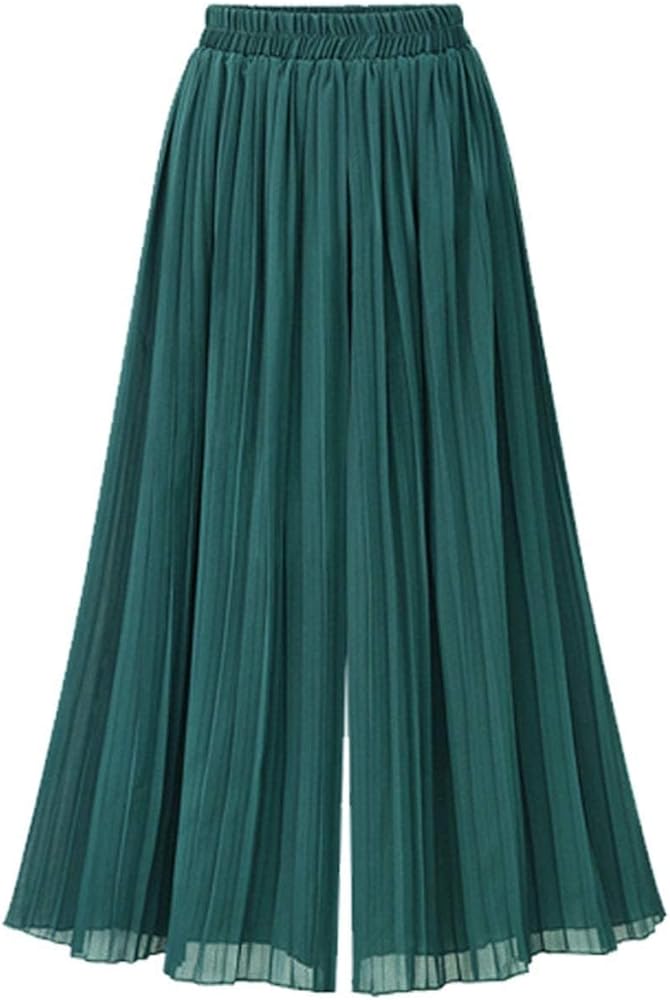 Women's Elastic Waist Pleated Chiffon Culottes Cropped Wide Leg Flowy Pants