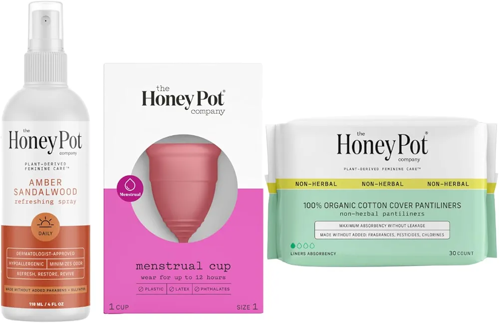 The Honey Pot Company - Amber Panty Spray, Size 1 Menstrual Cup, & Non-Herbal Liners Bundle - Natural Feminine Hygiene Products - Hypoallergenic - Sanitary Pads for Women - Feminine Care - FSA & HSA