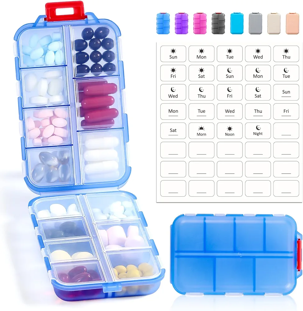 14 GRIDS Travel Pill Organizer Box with Labels - Travel Medicine Case Kit - Pocket Daily Pharmacy Container - Travel Medication Holder Dispenser for Fish Oil Vitamin Supplement Storage - Clear Blue