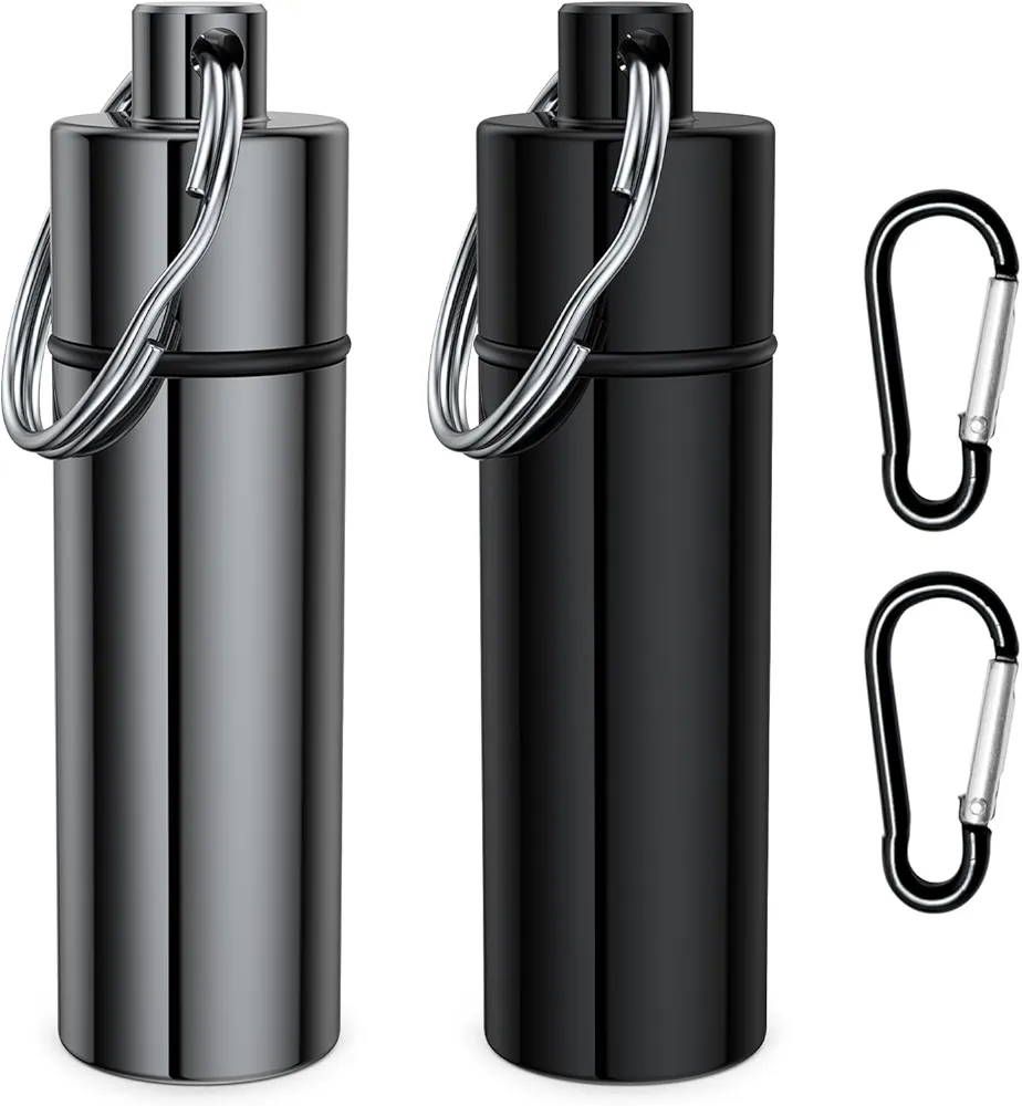 Small Pill Box,(2 Pack+2*Carabiner Clips) Keychain Pill Holder Portable Mini Travel Pill Container Metal Case Bottle with Keyring