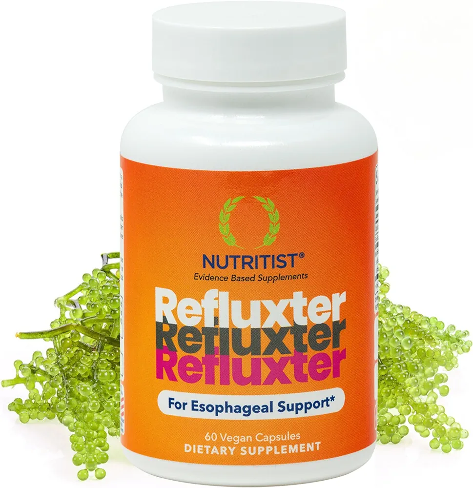 REFLUXTER Natural Acid Reflux Sodium Alginate Supplement - Esophageal Rescue Support for Indigestion, Lpr, Heartburn, Gerd relief - 60 Capsules. Made in USA