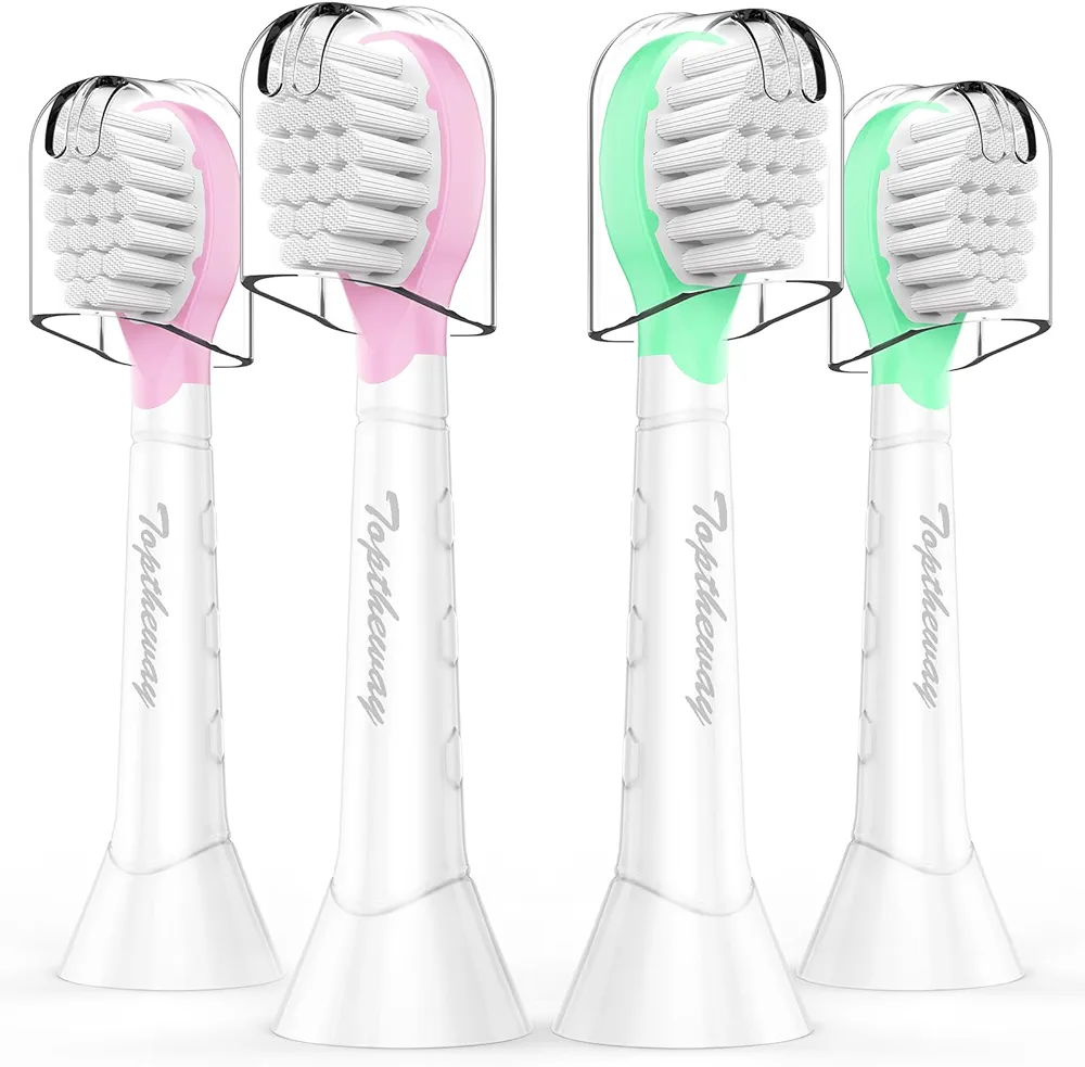 Toptheway Kids Replacement Heads for Philips Sonicare: Kids 3+ Compact Sonic Electric Toothbrush Heads, Pink Girl Green Boy 4 Pack