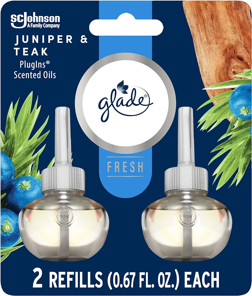 Glade PlugIns Refills Air Freshener, Scented and Essential Oils for Home and Bathroom, Juniper & Teak, Fresh Collection 1.34 Fl Oz, 2 Count