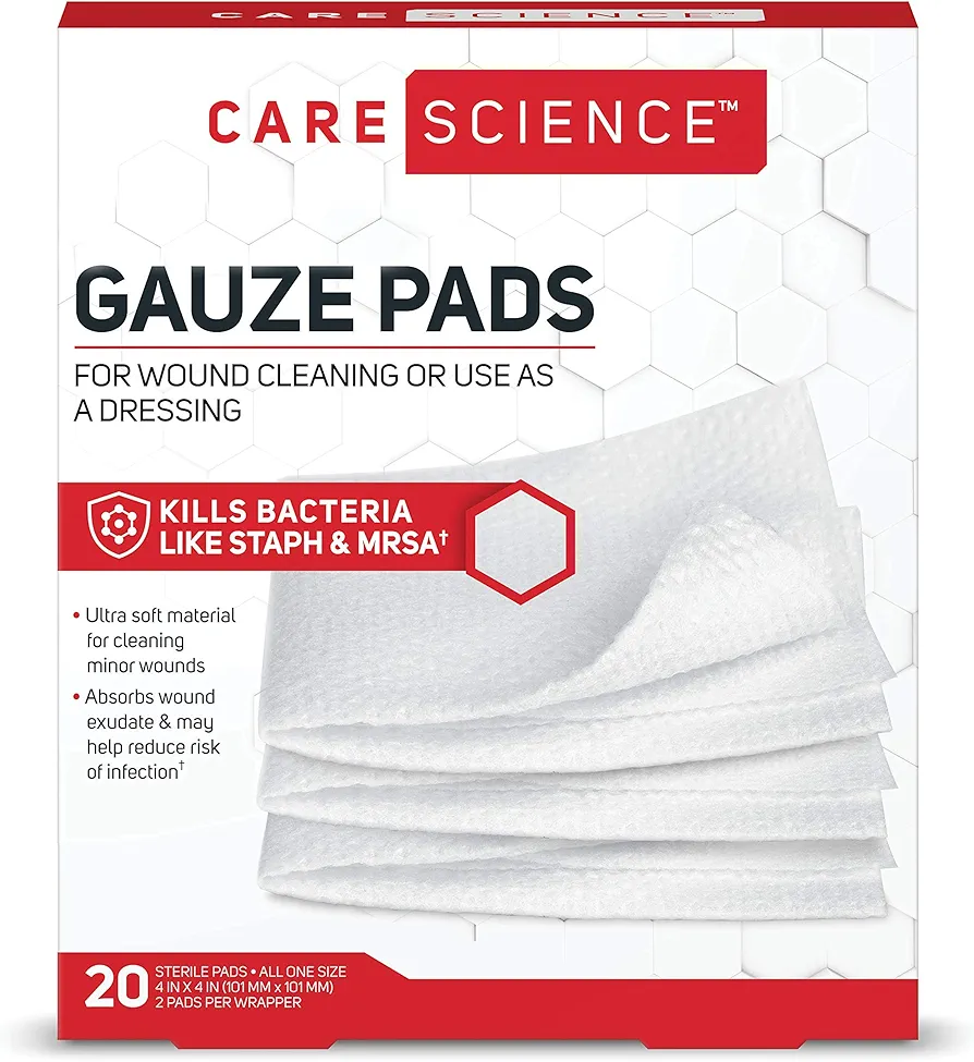 Care Science Gauze Pads, 20 ct, Large, 4 X 4 | for Wound Cleaning or Use as a Dressing