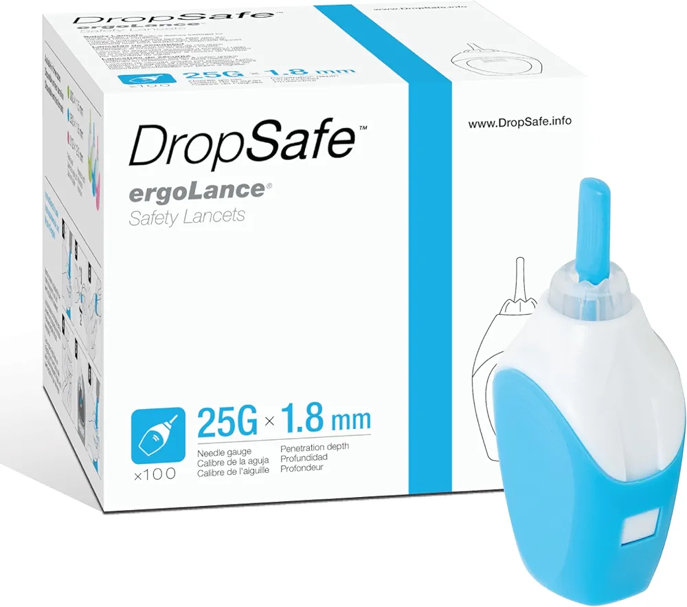 Ergolance Safety Lancet, 25 Gauge, 1.8mm, Pressure Activated Blood Testing, for Normal to Thick Skin, Sterile, Single-Use, 100ct Box