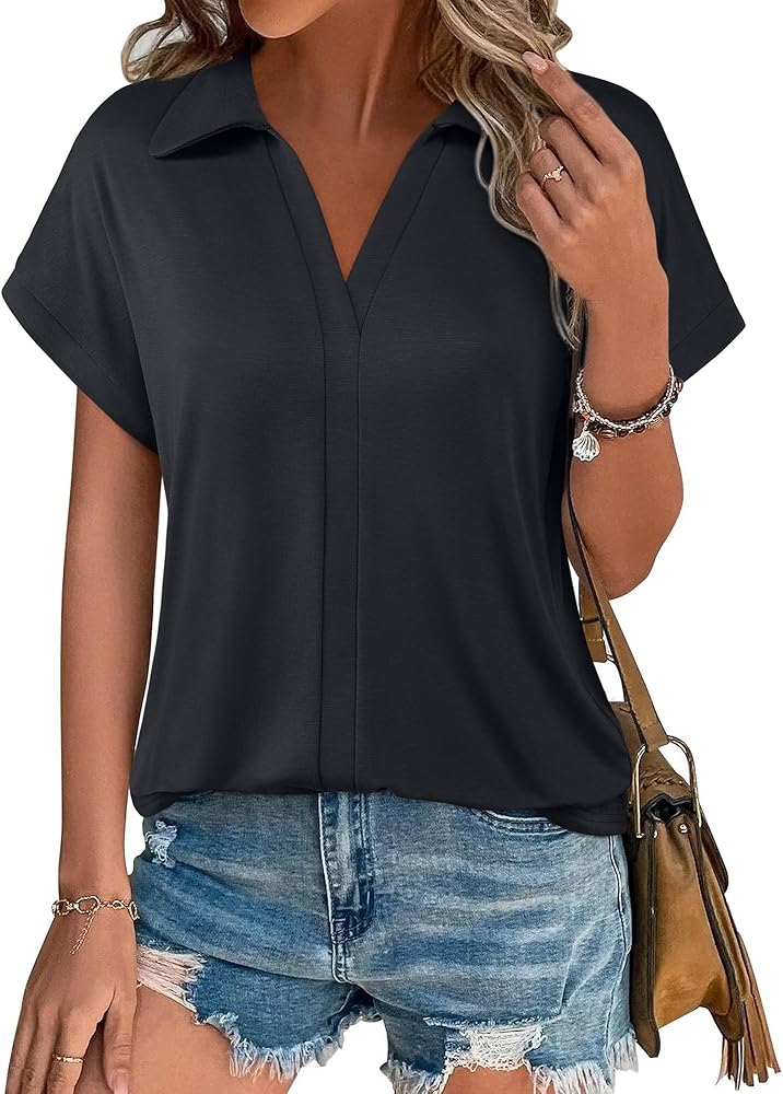 Vivilli Women's Short Sleeve Tops and Blouses Business Casual Collared Tunic Shirt