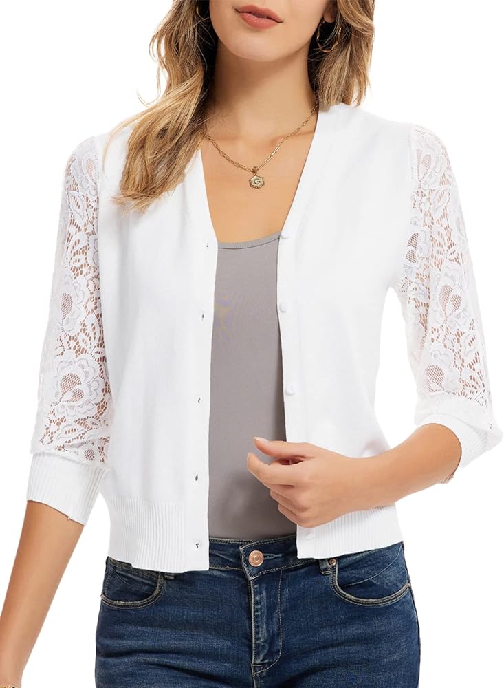 GRACE KARIN Women's Summer Cardigan Lightweight V Neck Lace 3/4 Sleeve Button Front Sweaters