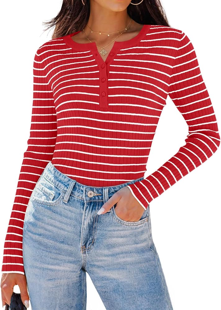 ZESICA Womens Long Sleeve Striped Shirts V Neck Button Up Sweater Casual Loose Basic Tops 2024 Trendy Fall Clothes