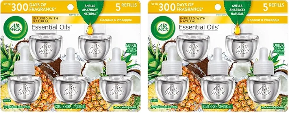 Air Wick Plug in Scented Oil Refill, 5 ct, Coconut and Pineapple, Air Freshener, Essential Oils (Pack of 2)