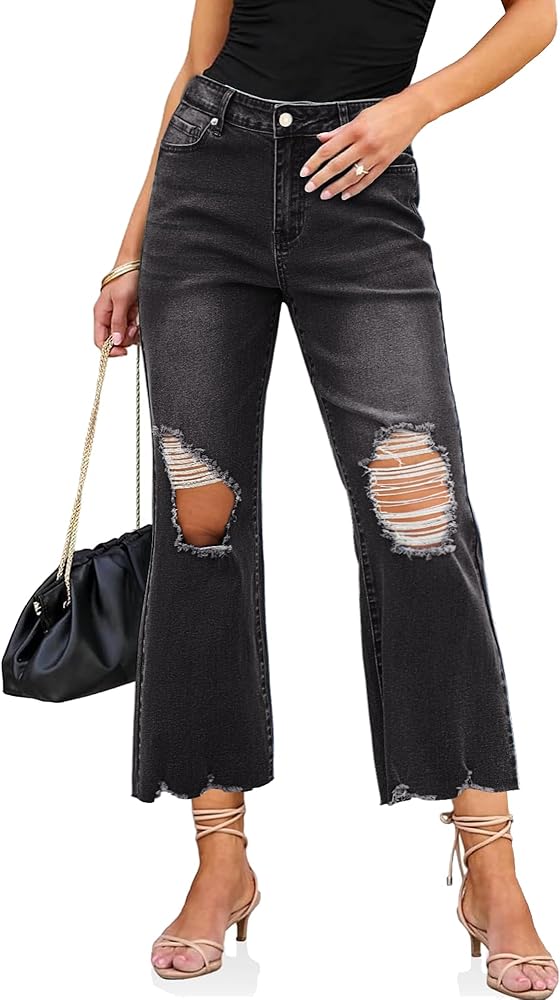 luvamia Wide Leg Jeans for Women Trendy High Waisted Flare Ripped Cropped Jeans Stretchy Distressed Denim Pants Raw Hem