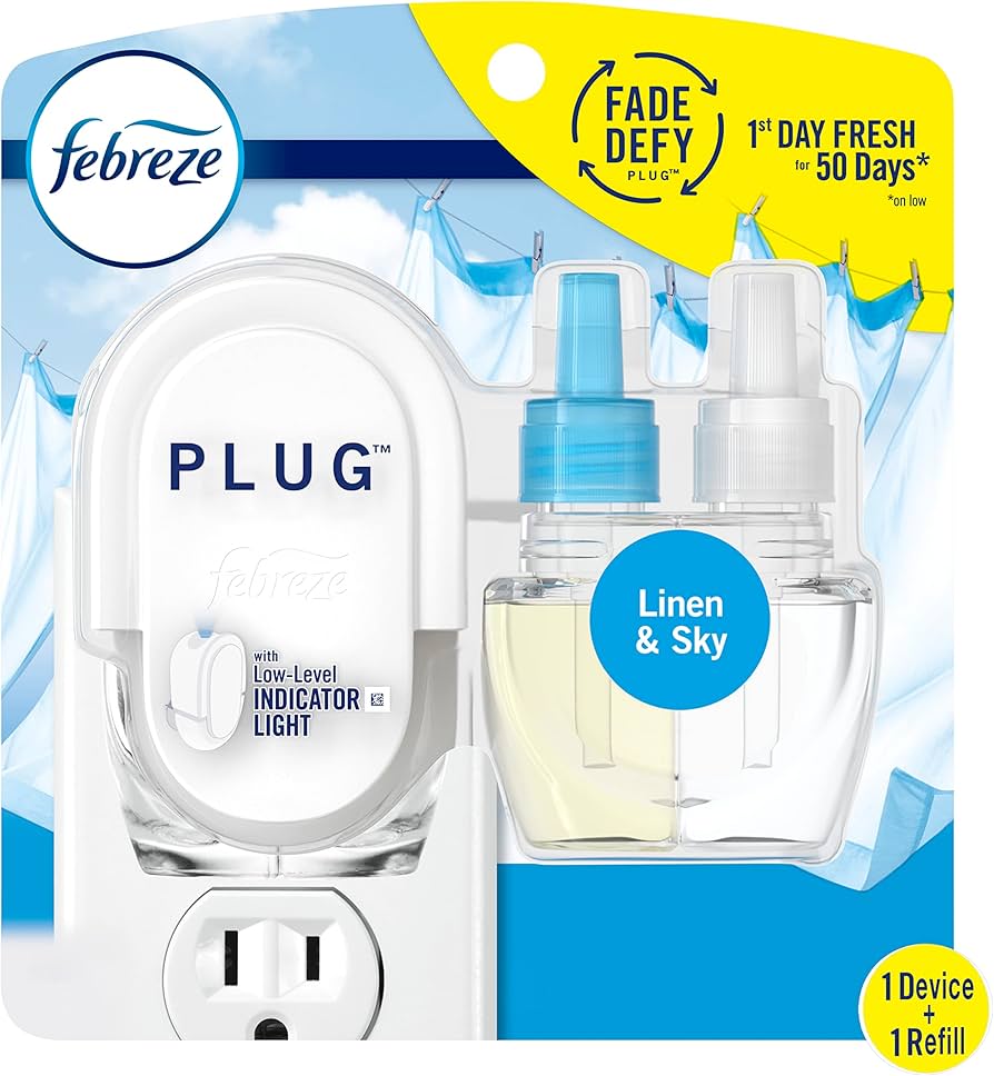 Febreze Fade Defy PLUG Air Freshener & Odor Fighter Starter Kit with Linen & Sky (1) .87 fl. oz. Oil Refill Transparent