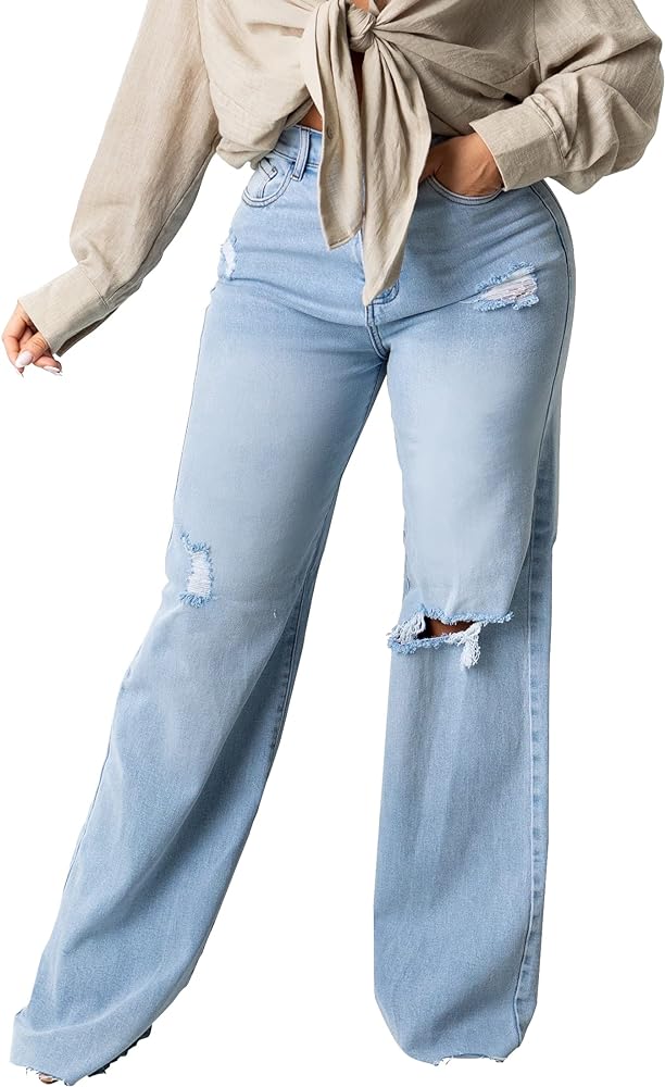 HTD Women's Ripped Wide Leg Jeans Casual Y2K Distressed Baggy Denim Pants