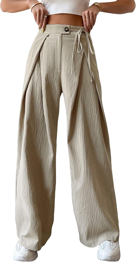 MakeMeChic Women's Casual High Waisted Tie Side Plicated Wide Leg Pants