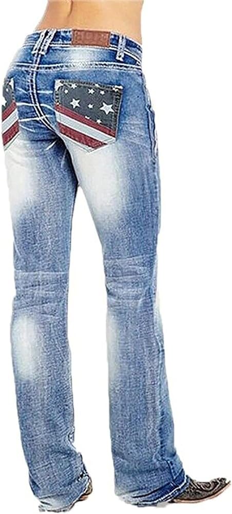 QJBMEI American Flag Mid Rise Bootcut Jeans for Women