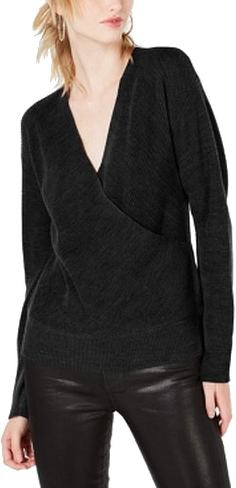 Bar III Womens Ribbed Trim Surplice Pullover Sweater Black M