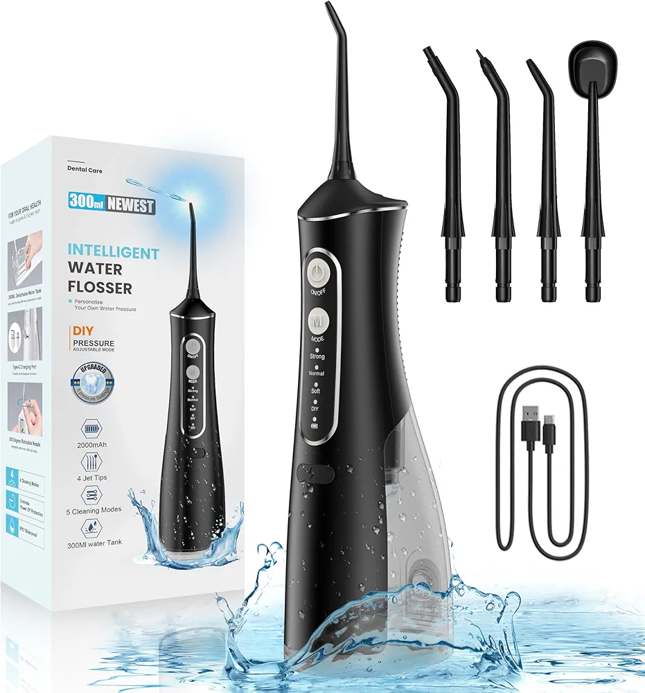 ​2024 Latest Version Water Dental Flosser Teeth Cleaner Picks - 4 Modes Waterpik Oral Irrigator, Rechargeable Cordless IPX7 Waterproof Electric Waterflosser Portable 300ML Flossing for Teeth Cleaning