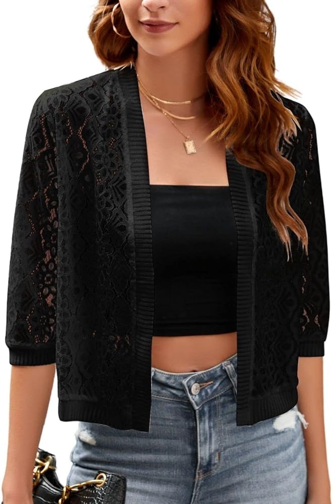 FindThy Women’s Casual Summer Lace Cardigan Open Front 3/4 Sleeve Solid Lace Shrug Cover Up