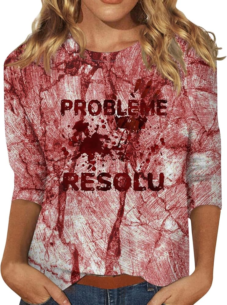 Halloween Shirts Woman 3/4 Sleeve Round Neck Loose Tunics Graphic Blouses Casual Tops Printed Clothing Trendy Shirts