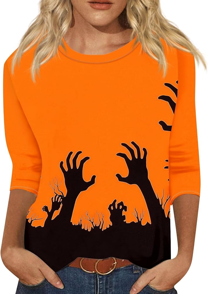 Halloween Costumes 3/4 Sleeve Round Neck Tops Cute Loose Fit Blouse Printed Trendy Tunic Casual Oversized tee