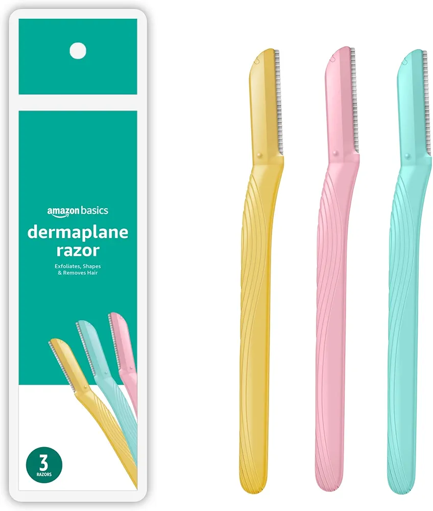 Amazon Basics Women's Multipurpose Exfoliating Dermaplaning Tool, Eyebrow Razor, and Facial Razor, Includes Blade Cover, Multicolor, 3 Count