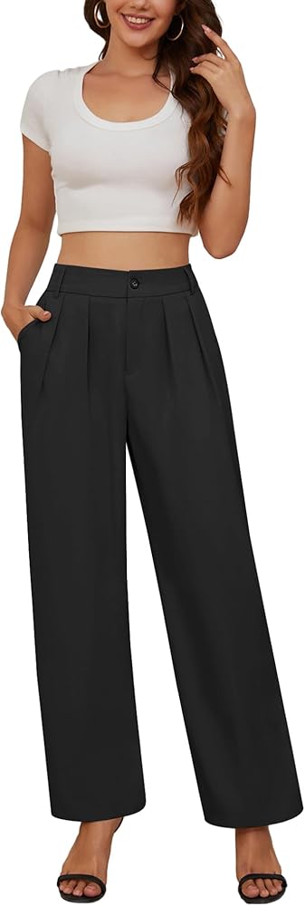 Women High Waist Wide Leg Pants Business Work Trousers Casual Long Straight Pants